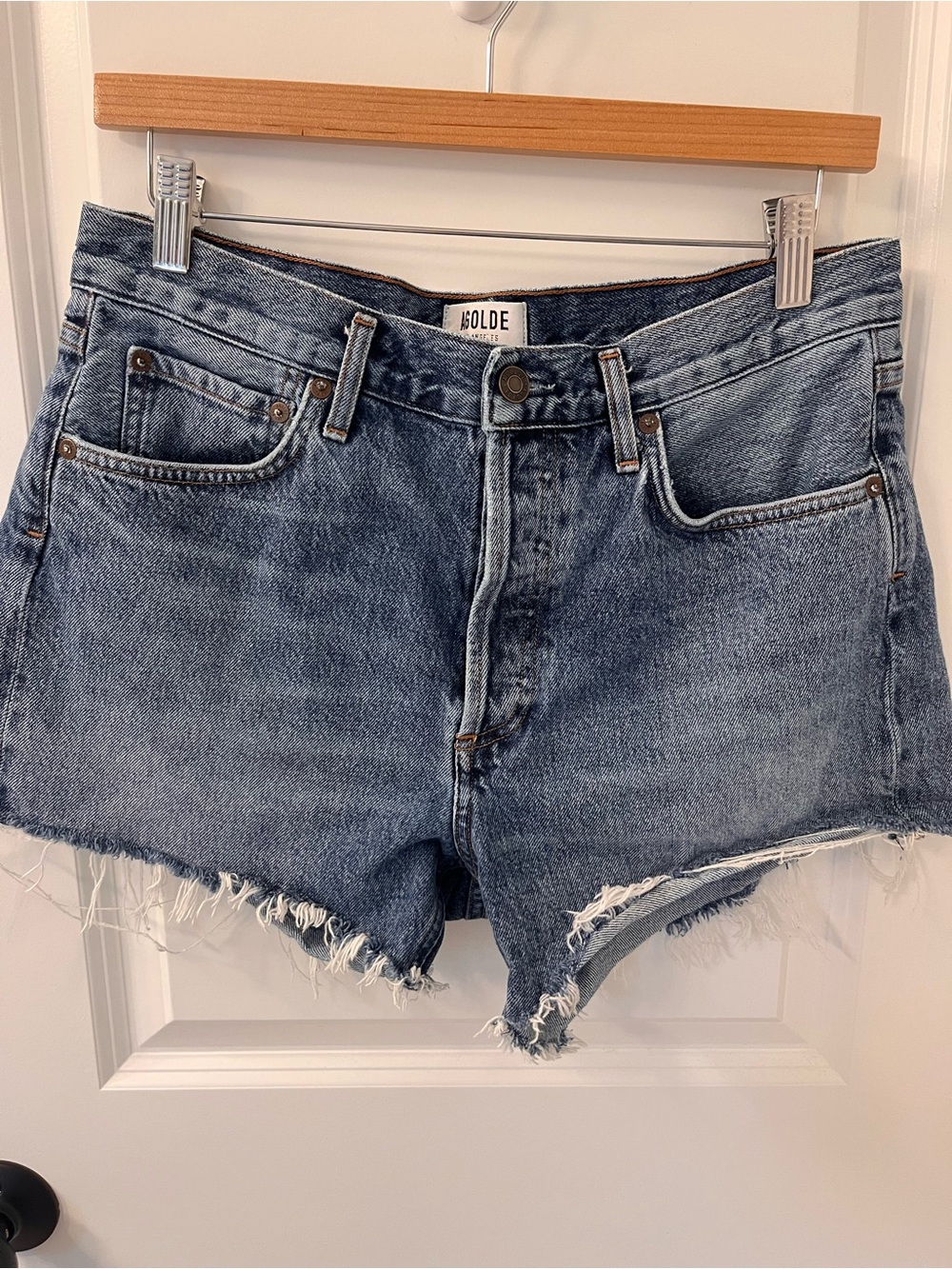 Agolde Light Blue Frayed Hem Denim Shorts